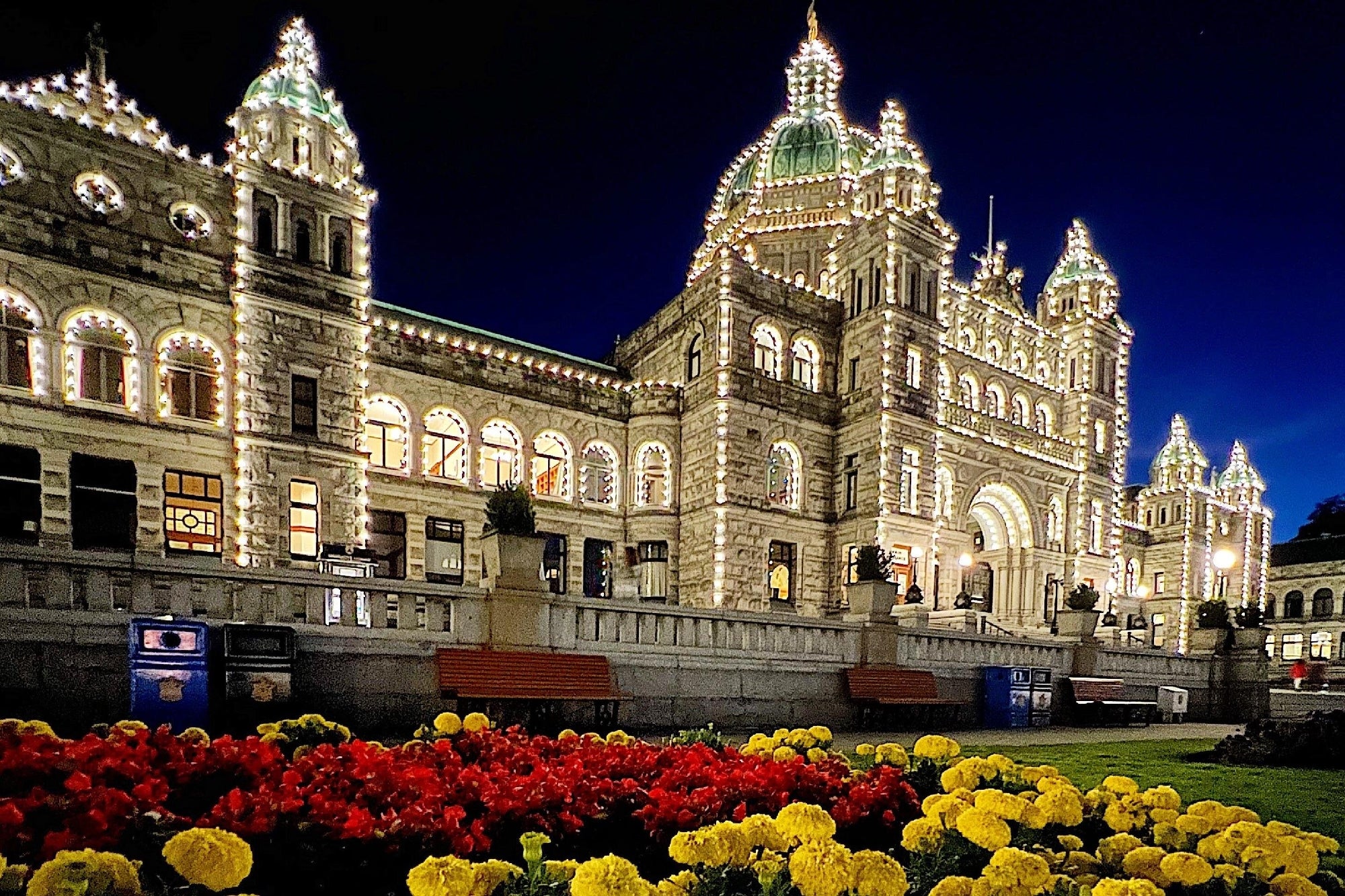 The illuminated facade of a large historic building at night, with yellow and red flowers in the foreground and a deep blue sky in the background.