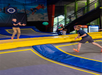 Children playing on trampolines, while throwing a ball to another.