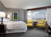 Hotel room with a large bed, two yellow chairs, a small table, and a view of a cityscape through a window. A framed flower picture hangs on the wall.