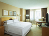 A hotel room with a large bed, two pillows, a bedside table, a chair, a desk with a lamp, and a TV. Two windows with curtains allow natural light into the room.