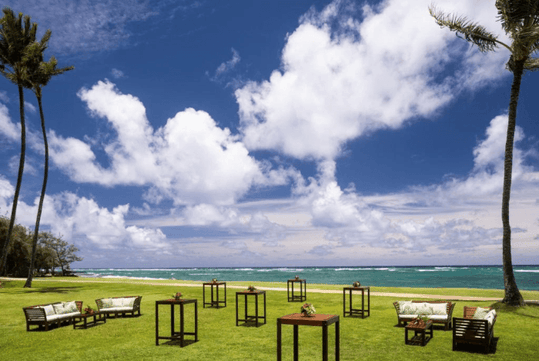 Outdoor seating arrangement on a grassy area by the ocean, with scattered wooden tables and chairs under a blue sky with clouds and tall palm trees.