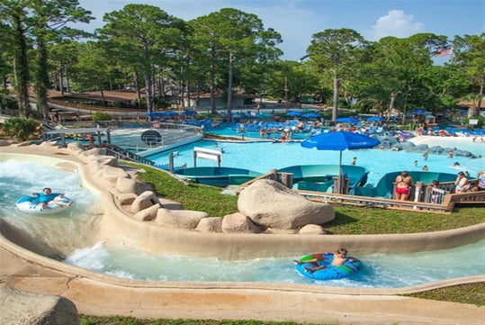 A sunny day overlooking the wave pool and slides.