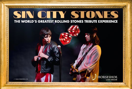 Two musicians dressed as members of The Rolling Stones perform on stage. The poster reads "Sin City Stones: The World’s Greatest Rolling Stones Tribute Experience.