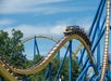 Roller coaster with blue and yellow tracks carrying passengers, set against a backdrop of trees and a blue sky.