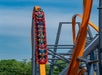 A red roller coaster train with passengers is descending a steep vertical drop against a backdrop of blue sky and green foliage.