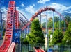 A red roller coaster with passengers ascends a steep track against a backdrop of trees and a bright blue sky.