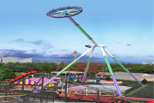 A thrilling amusement park ride that swings riders high above the ground, surrounded by various roller coasters and a lush green landscape.