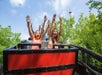 Adults and kids alike raise their hands in excitement as they ride the River King Mine Train on a sunny day, with lush trees in the background at Six Flags St. Louis.