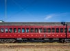 An old red train car saying "California Western" parked with a bright blue sky above it with Skunk Train in San Francisco, California, USA.