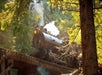 A steam locomotive crosses a wooden trestle bridge surrounded by tall trees and sunlight filtering through the forest.