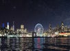 City skyline at night with a Ferris wheel illuminated, reflecting on the water under a starry sky.