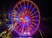 Aerial view of the Myrtle Beach SkyWheel at night glowing bright red, purple, and yellow.