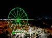 Aerial view of the SkyWheel in Panama City Beach at night with the lights on the wheel glowing green.