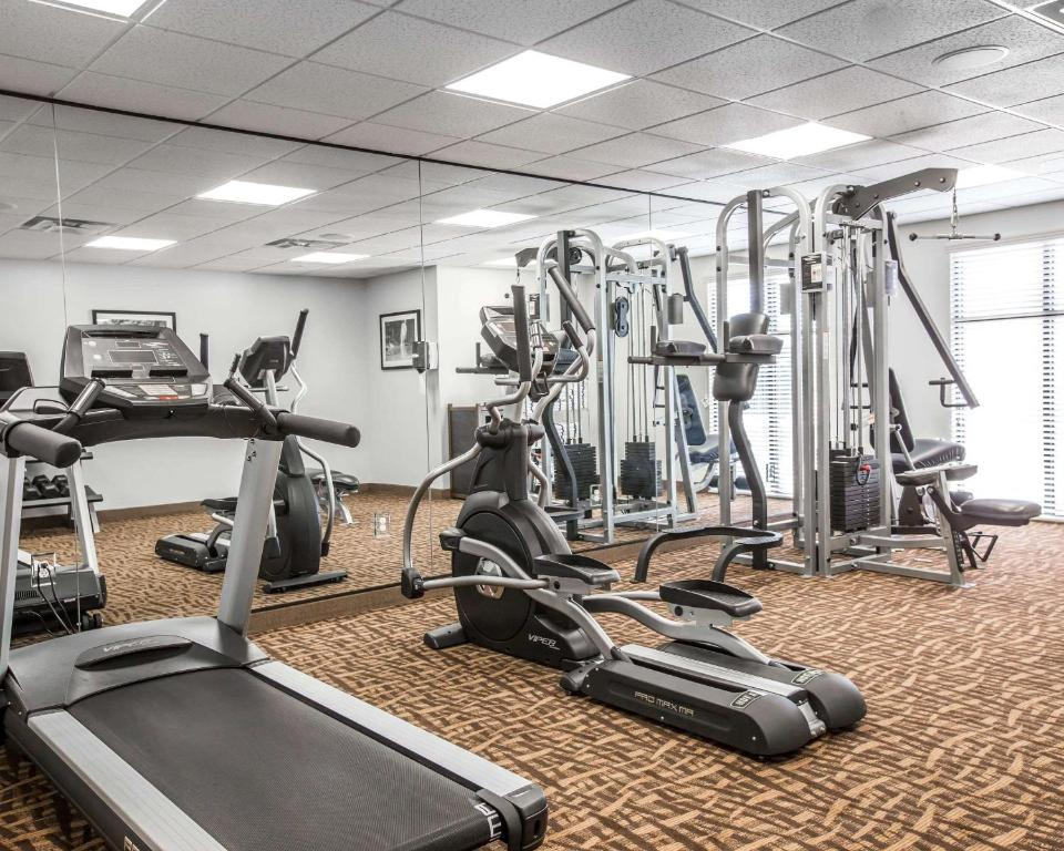 A gym room with a treadmill, elliptical machine, weight machine, and mirrored wall. Carpeted floor and large windows providing natural light.