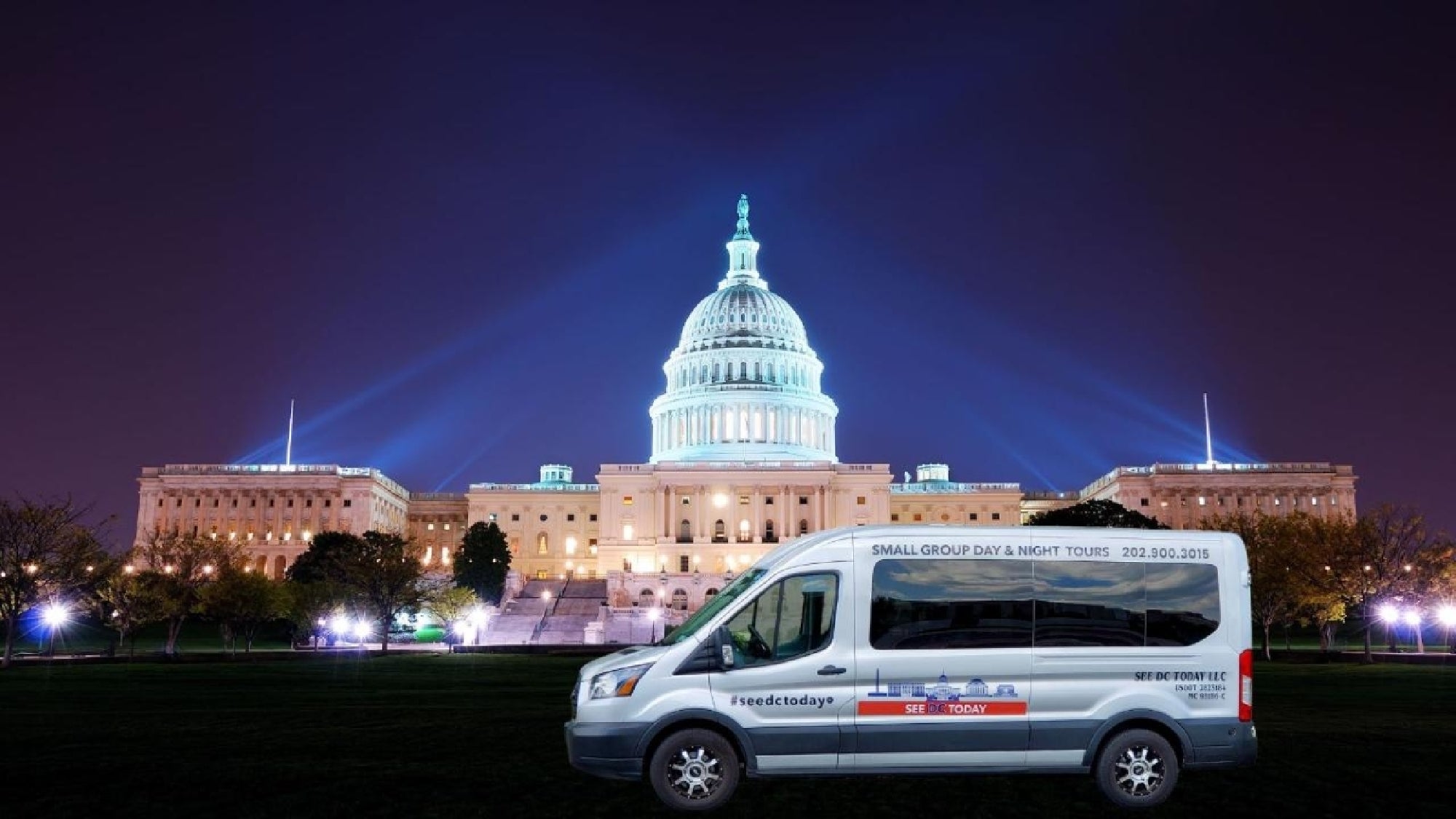Night tour van parked beneath the glowing U.S. Capitol.
