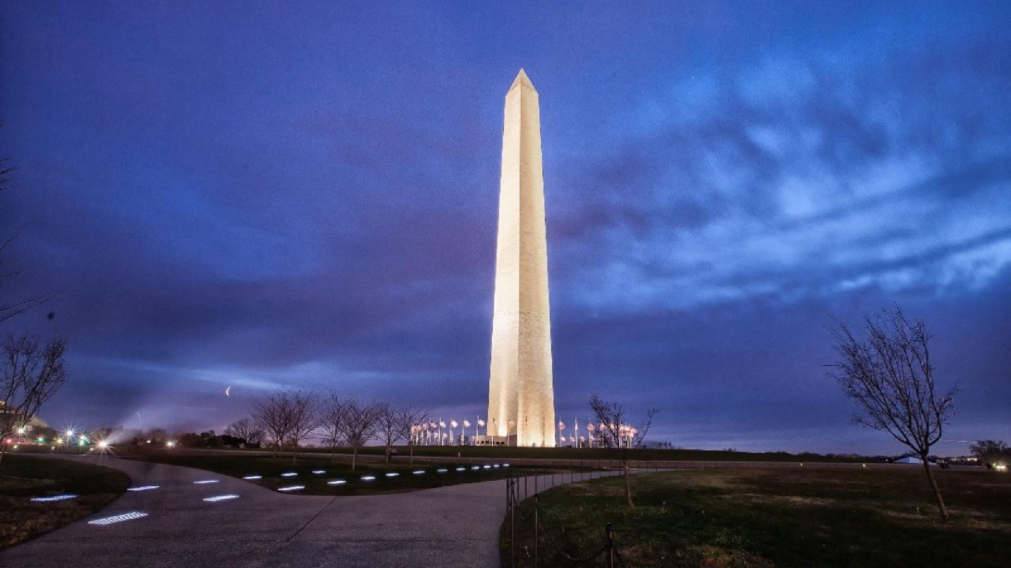 Evening view of the Washington Monument on the National Mall.