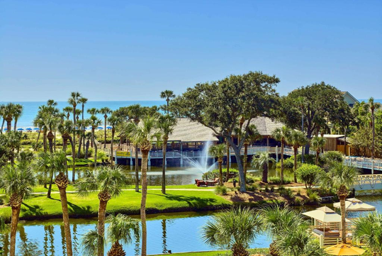 Scenic view of a lush tropical resort with palm trees, a pond featuring a fountain, a wooden pavilion, and the ocean in the background.