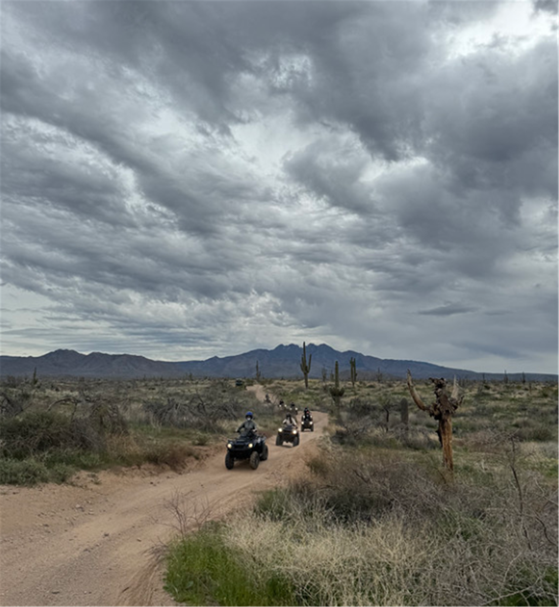 ATVs on a dirt trail in a desert landscape with cloudy skies and distant mountains.