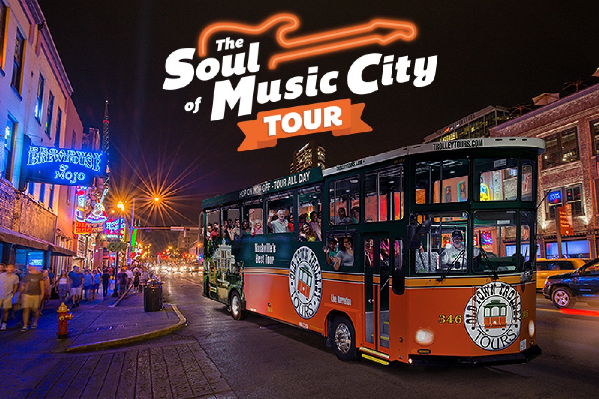 Guided evening trolley tour through Nashville's vibrant downtown.