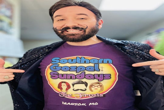 Michael Frost pointing to his purple t-shirt that says Southern Gospel Sundays