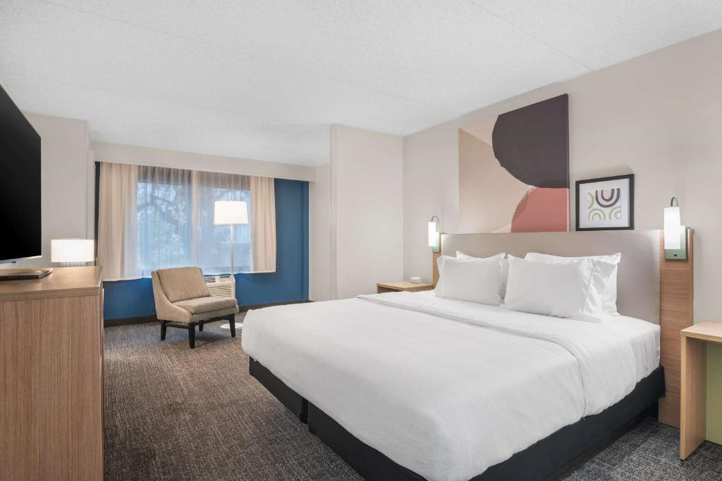 Guest room with one king bed, seating area, and TV.