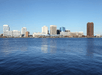 View of the city of Norfolk from the water on the Spirit of Norfolk Signature Lunch Cruise on a sunny day.