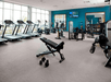 A fitness center with several treadmills and other cardio equipment, a large weights sections, several mirrors, and a wall of windows.