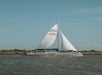 A sailboat with "FURY" branding glides on calm water near a rocky shoreline under a clear blue sky.