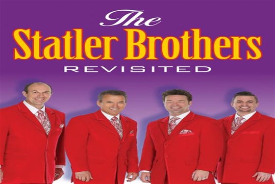 The Statler Brothers Revisited cast in matching red suits on stage with purple background.