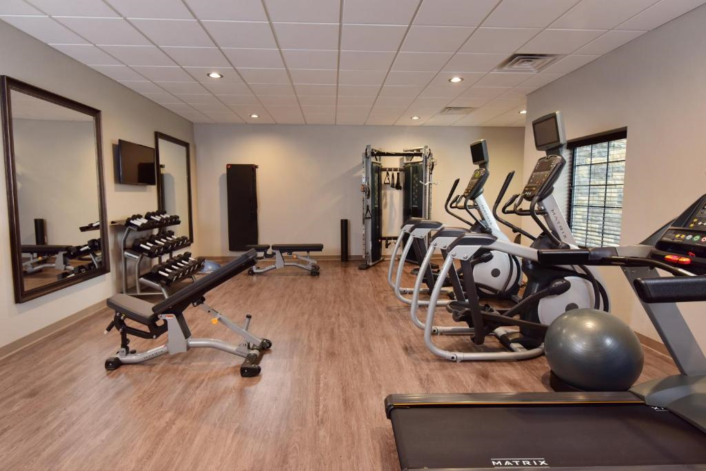A gym room with treadmills, ellipticals, weight machines, dumbbells, a bench, and a stability ball, all on wooden flooring with large mirrors on the walls.