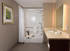 Accessible hotel bathroom with a roll-in shower, safety grab bars, a sink with a mirror, and a framed picture on the wall.