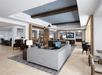 Spacious modern lounge with neutral tones, featuring a large gray sofa, multiple seating areas, and mounted TVs. Bright lighting and wooden accents create a welcoming atmosphere.