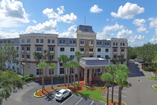 Aerial view of the front entrance at Staybridge Suites Orlando Royale Parc Suites.