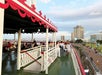 People sit and stand on the deck of a riverboat with a view of a city skyline, waterfront park, and bridge under a partly cloudy sky.