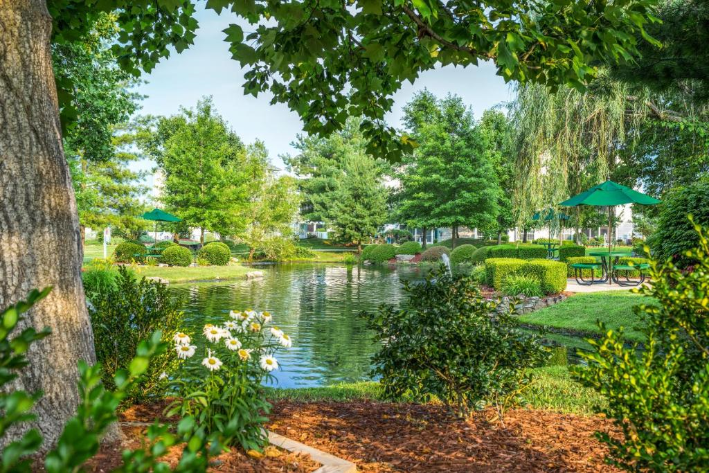 Lush gardens with picnic tables and chairs surround the small pond.