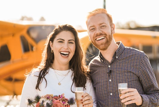 Champagne toast before the sunset flight.
