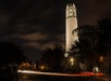 Coit Tower illuminated at night with trees in the foreground and light trails from passing vehicles on the street below.