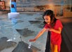 A young girl in a pink shirt smiles as she touches a stingray in a touch tank at an indoor aquarium exhibit.