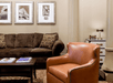 Seating area with sofa bed and arm chair.