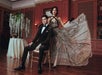 A couple dressed in formal attire pose in an elegant room with red-paneled walls and bookshelves; the woman holds up her detailed gown, and the man is seated.