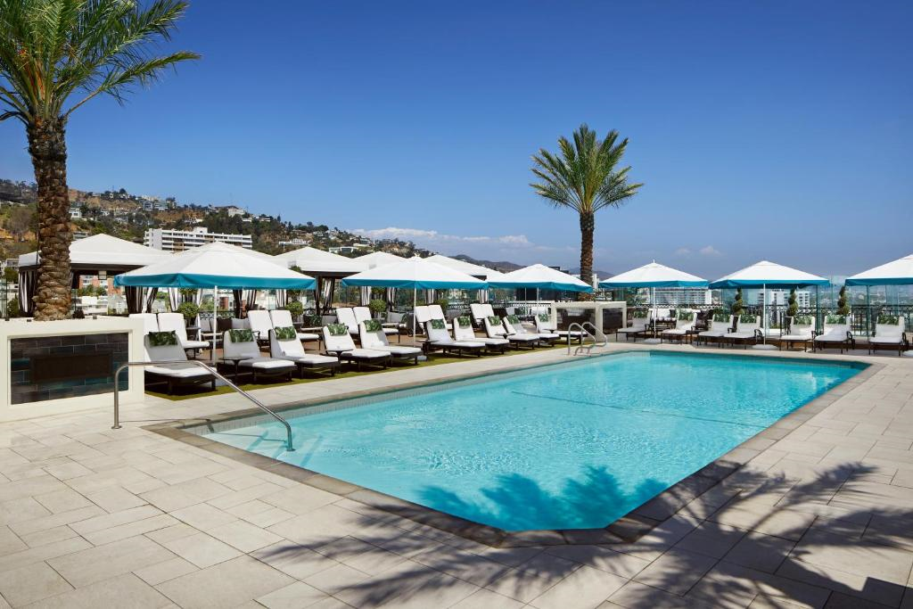 Outdoor pool area with sun loungers, umbrellas, and palm trees under a clear blue sky, set against a backdrop of hills and buildings.