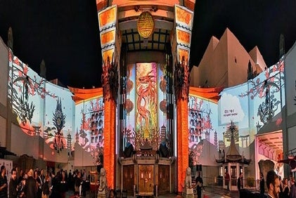 Headon view of the front of The TCL Chinese Theatre with several Chinese style murals on the front at night.