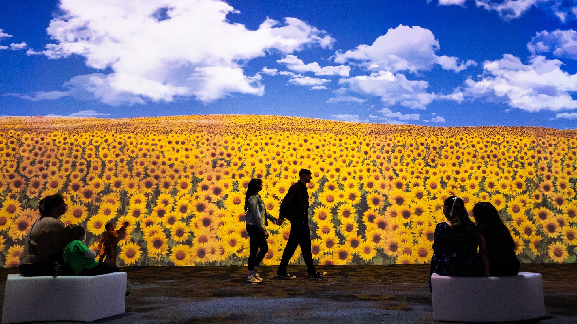 People sit and walk in front of a large, vivid digital display of a sunflower field under a bright blue sky with scattered clouds.