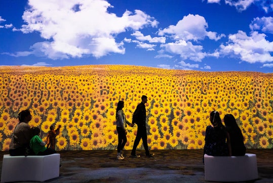 People sit and walk in front of a large, vivid digital display of a sunflower field under a bright blue sky with scattered clouds.
