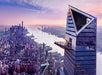 Aerial view of a modern cityscape featuring a tall, angular skyscraper with a triangular top and observation deck, overlooking a river and distant skyline at sunset.