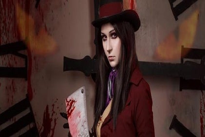 Person in a red outfit and top hat holding a bloody cleaver, standing against a clock-themed backdrop with blood spatter.