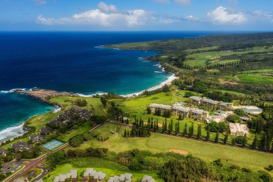 Aerial view of a coastal area with lush greenery, buildings, and a winding shoreline meeting the deep blue ocean under a partly cloudy sky.