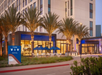 The image shows the exterior of The Viv Hotel with palm trees and outdoor seating with blue umbrellas. A sign displaying the hotel's name and address "1601" is visible in the foreground.