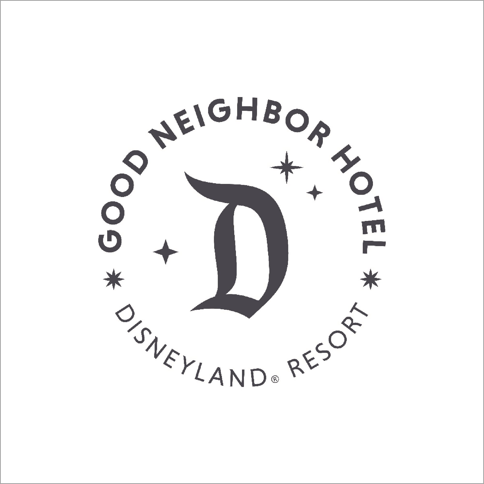 Circular logo with the text "Good Neighbor Hotel Disneyland Resort" surrounding a stylized "D" and three stars on a white background.