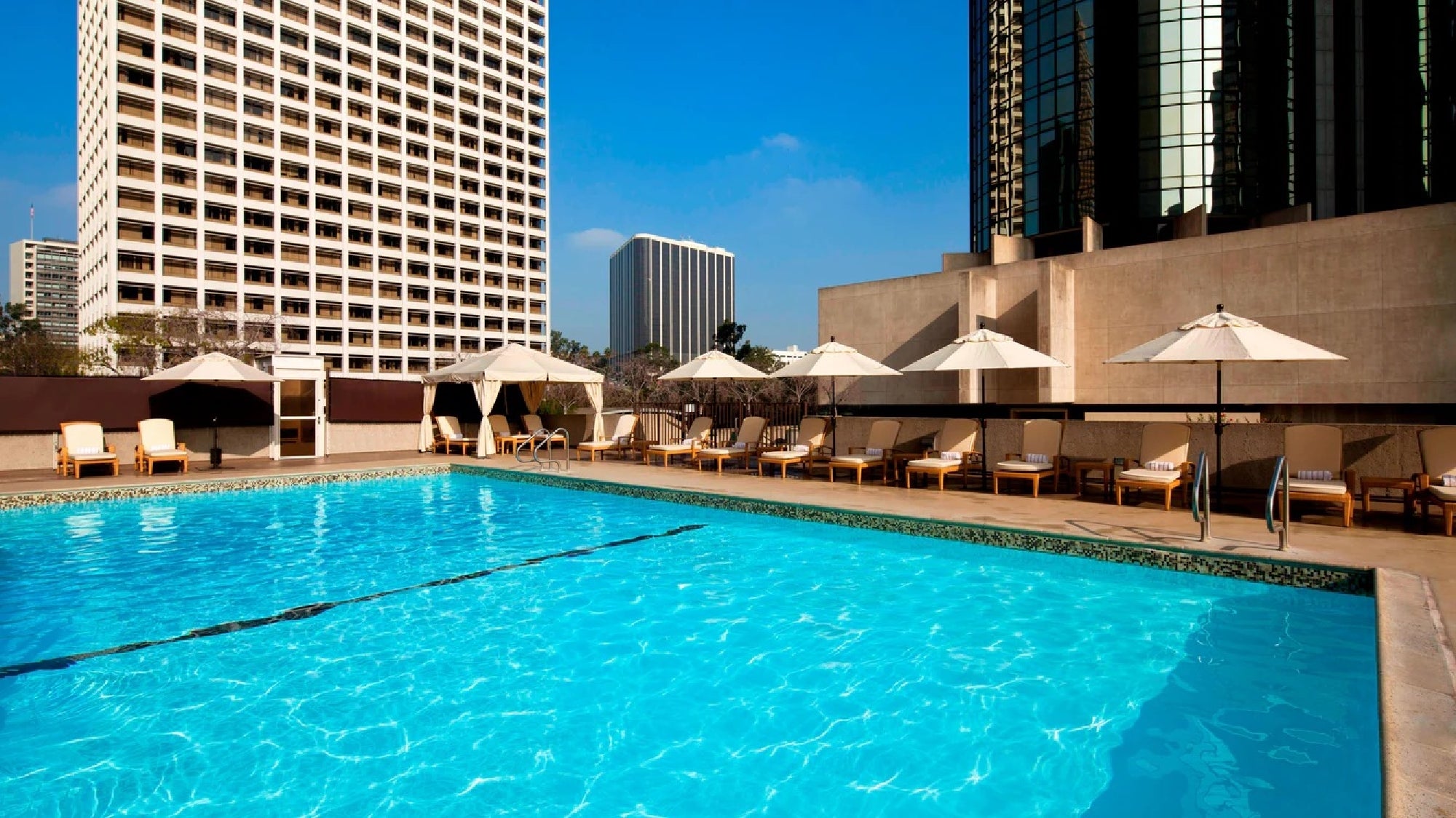 Outdoor swimming pool surrounded by lounge chairs and umbrellas, with tall buildings in the background under a clear blue sky.